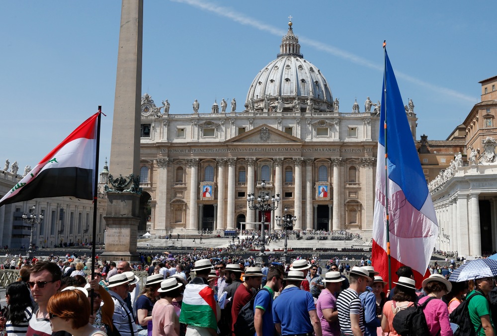 Preparation for the canonization of Blesseds John XXIII and John Paul III in St. Peter's Square at the Vatican